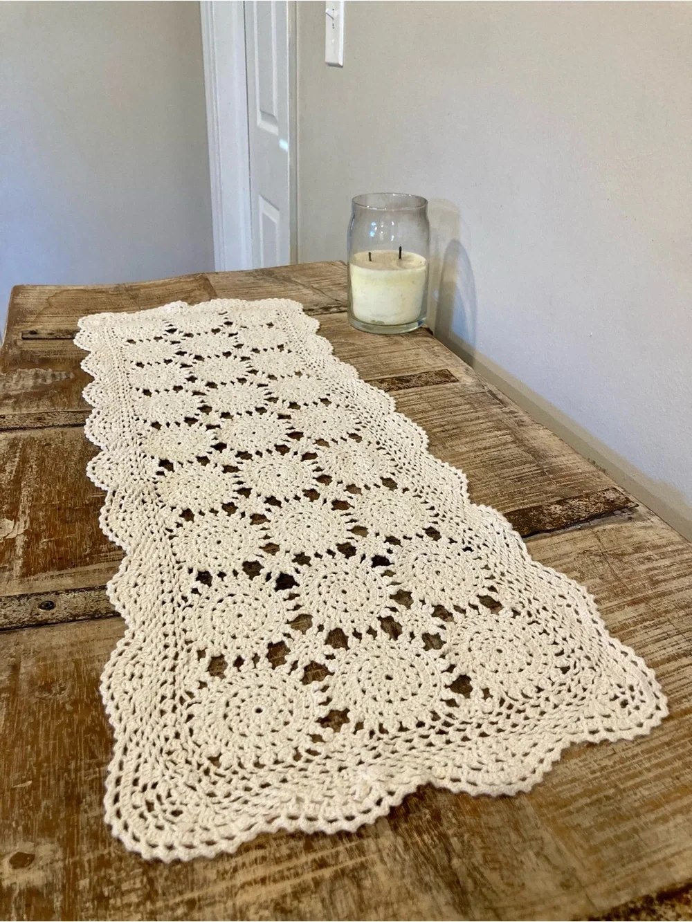 Hand Crochet Rectangle Doily 100% Cotton Made in China Cream Colored 30.5” Long